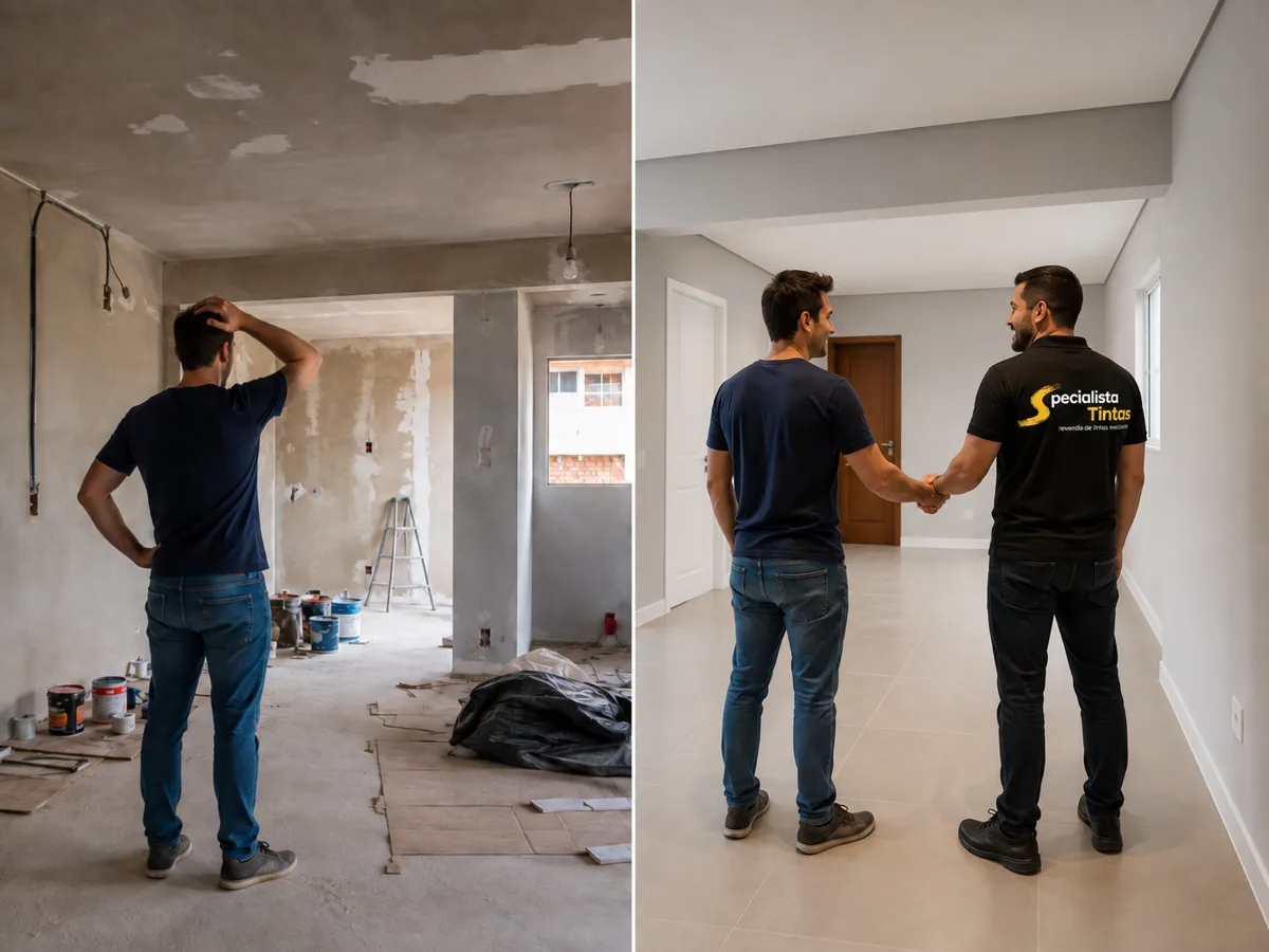Comparativo de cliente preocupado com a obra e cliente satisfeito com consultor da Specialista Tintas