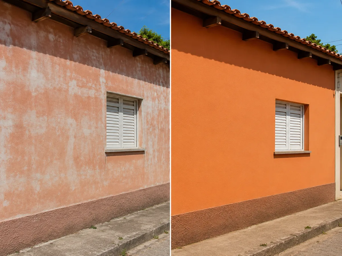 Comparativo de parede desbotada pelo sol e a mesma parede renovada