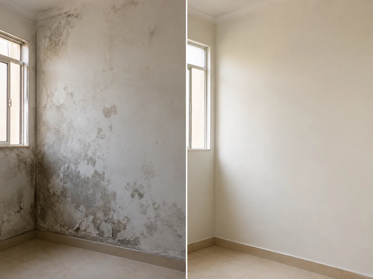 Comparativo de parede com umidade e a mesma parede tratada e pintada