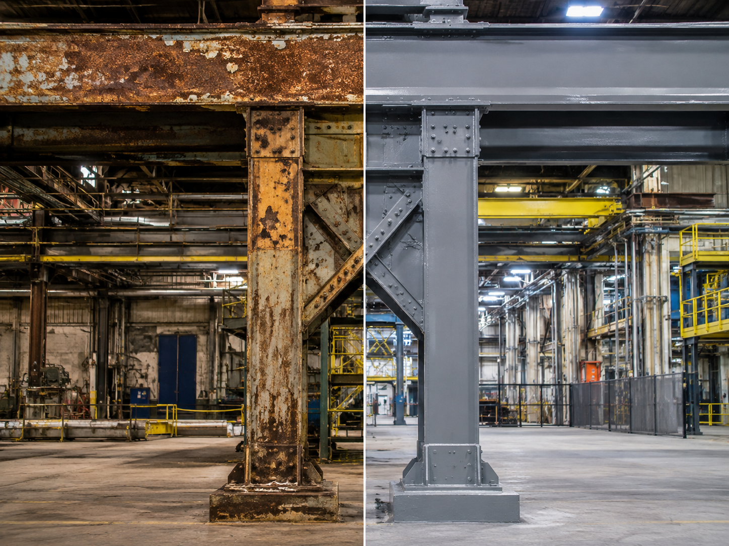 Comparativo: estrutura metálica industrial enferrujada e a mesma estrutura recuperada e pintada